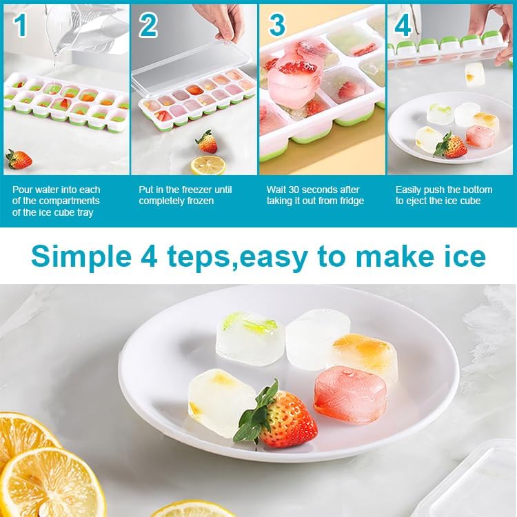 Skiennix Ice Cube Tray - Spill-Resistant Lids, Easy-Release, Stackable | 2 Packs, 28 Cubes, Green & Blue