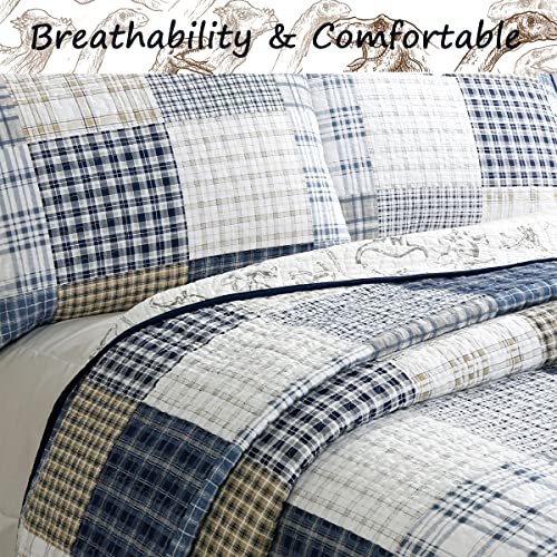 Queen Dinosaur Plaid Cotton Reversible Bedding Quilt Set for Kids Boy - Cozy Line Home Fashions