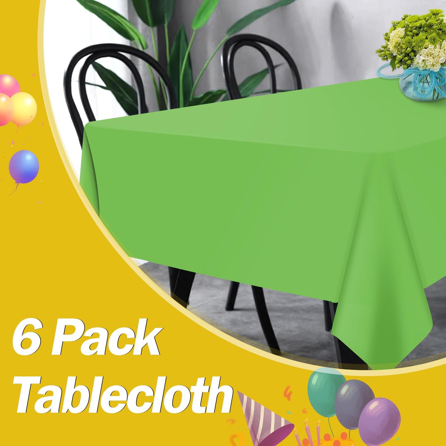 tujol Lime Green 6 Pack Plastic Table Cloth 54" x 108", Disposable Tablecloths Rectangle Table Cover, Plastic Tablecloths for Parties