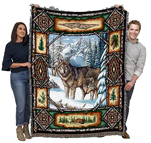 72x54 Wolf Lodge Blanket - Cotton Woven Tapestry Throw - Made in USA
