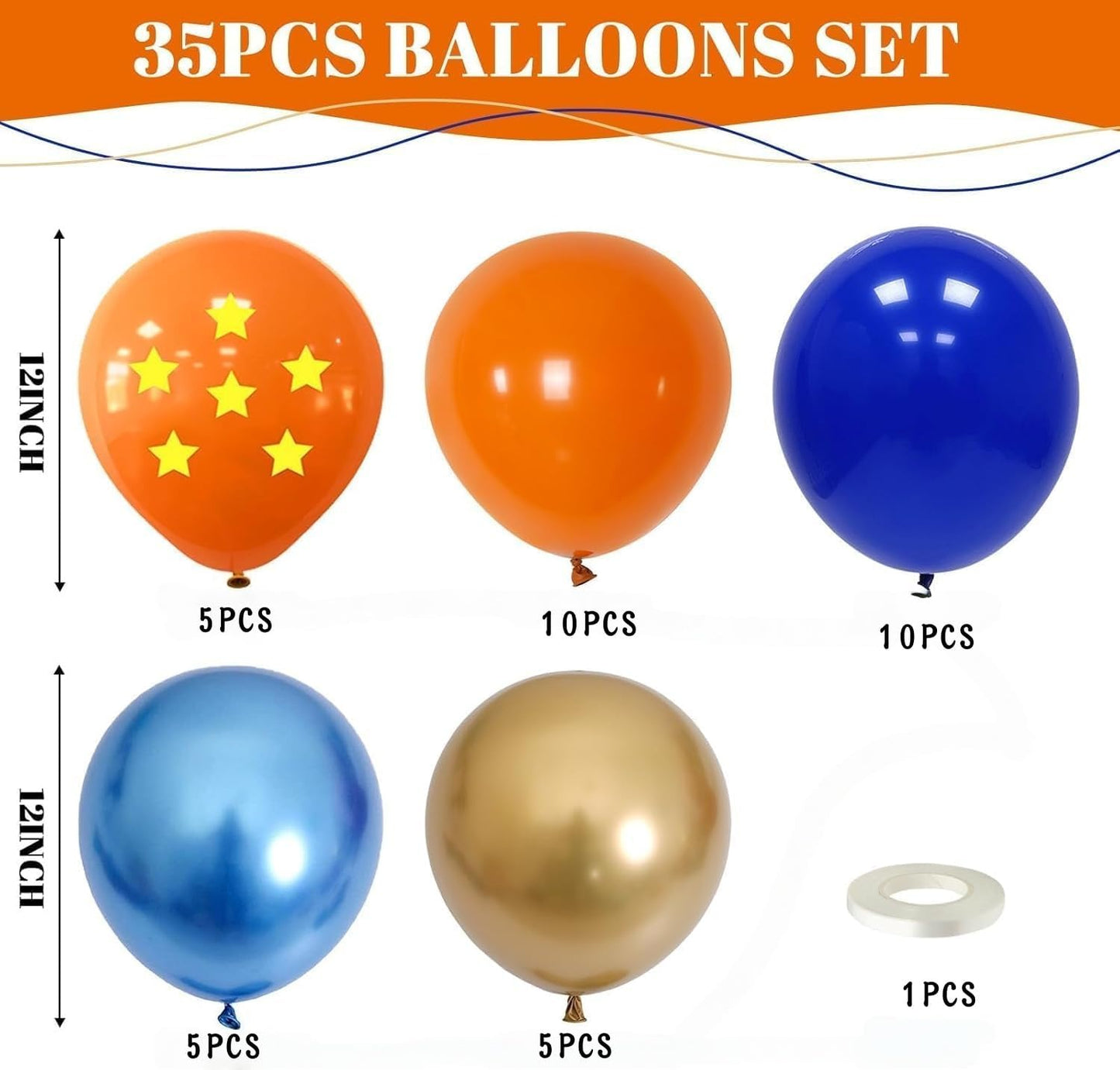 Royal Blue & Matt Orange Balloons by [Brand Name] - 12-Inch Metallic Latex Party Balloons for Kids' Anime Birthday Decor