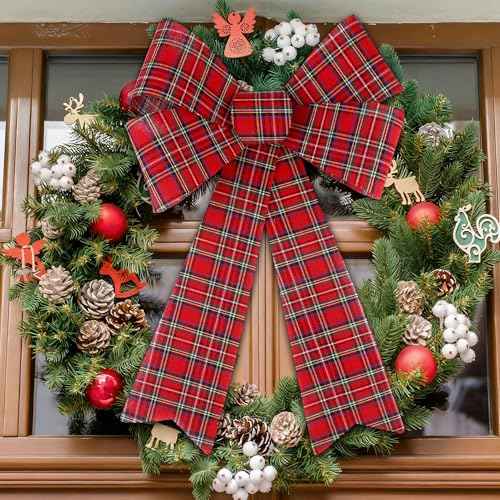 Aneco 2 Pack Red Christmas Bows and Wreaths - Plastic Bows for Christmas Tree, Garland and Outdoor Decoration (Black with Red, 12 x 18 inches)