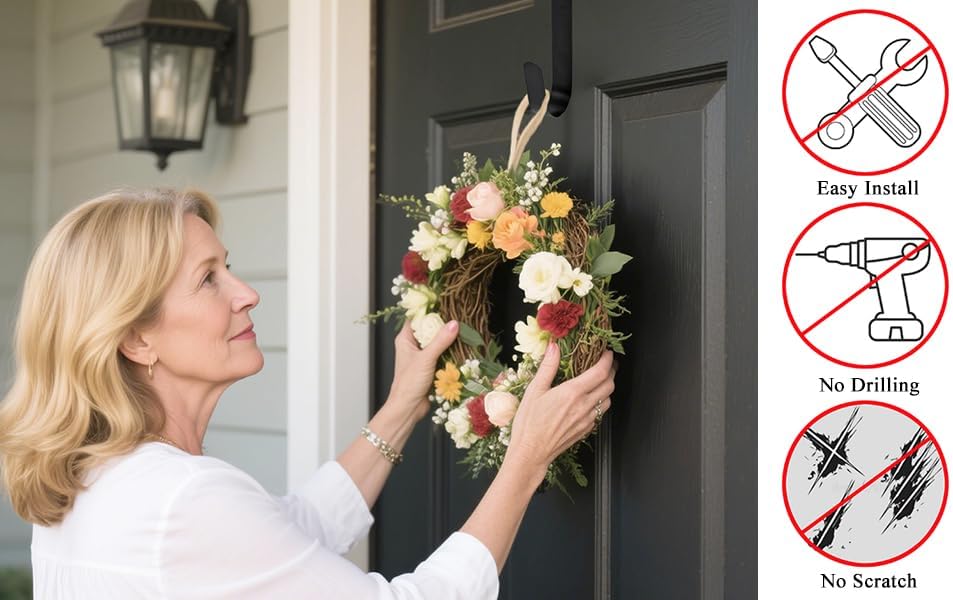 Sattiyrch 15" Wreath Hanger - Sturdy Steel Over The Door Hook for Front Door (Silver, 2 Pack)