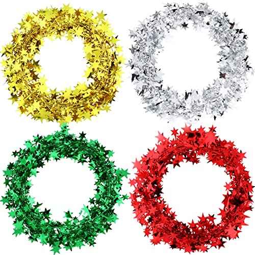Boao 4 Rolls Christmas Star Wired Garland Xmas Metallic Glitter Star Tinsel Silver Golden Green Red Tinsel Garlands Christmas Tree Party Decorations, 98.4ft
