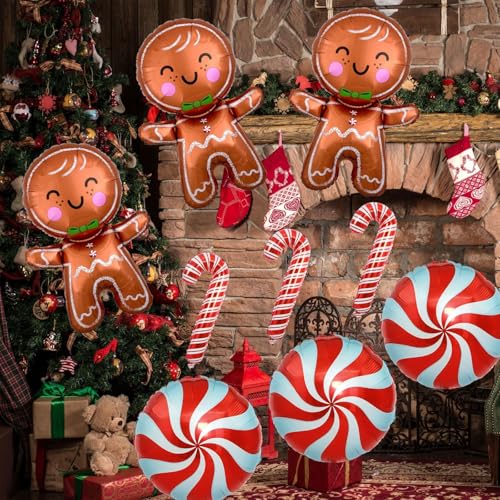 Christmas Balloons Decorations, Gingerbread Balloons, Candy Cane Foil Mylar Balloon for Gingerbread Christmas Party Decorations, New Year, Birthday Party Supplies