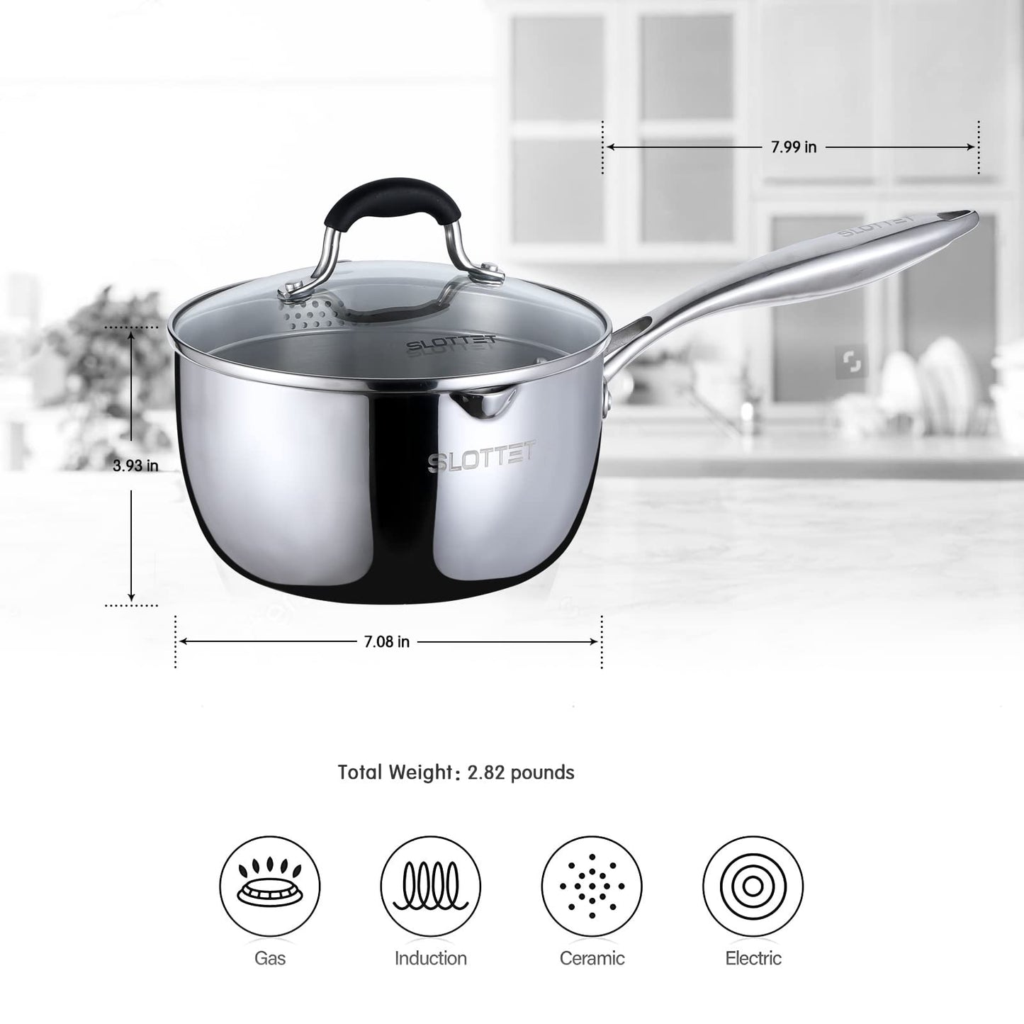 SLOTTET Tri-Ply Full Body Stainless Steel Sauce Pan with Steamer,1.5 Quart Small Multipurpose Pasta Pot with Strainer Glass Lid, Saucepan with Pour Spout for Cooking Stay-cool Handle.