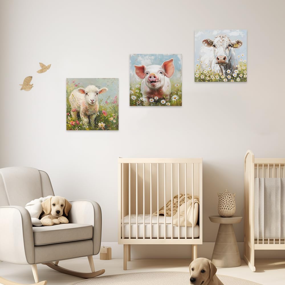 ZXHYWYM Flower Farm Animal Wall Art - Cute Lamb, Pig & Cow Canvas Prints for Kid's Room | 3-Piece Set (12"x12")