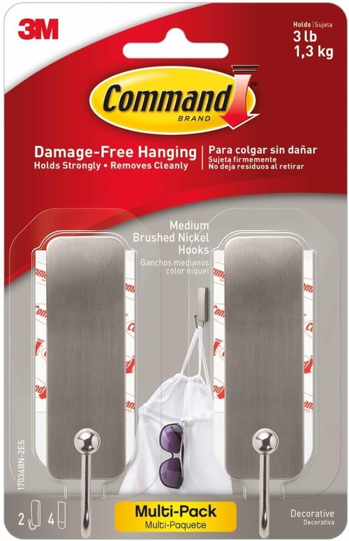 Command Medium Brushed Nickel Wall Hook - Damage-Free Adhesive Coat Hooks | Holds Up to 3 lb