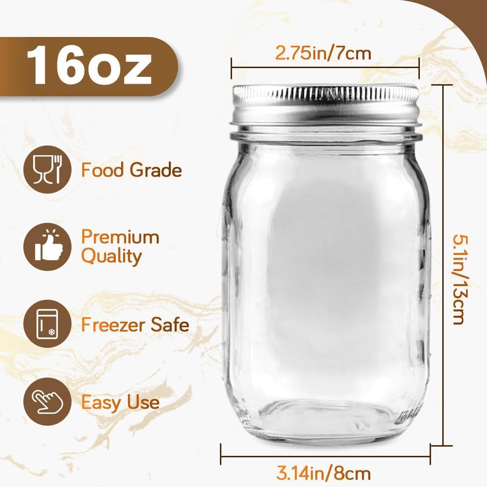 Leaflai 2 Pack 16oz Glass Mason Jars with Airtight Lids - Regular Mouth Canning Jars for Jam, Honey, Jelly, Pickling, Meal Prep, Overnight Oats, Smoothies, Salads - Wedding Favors, Party & Gift