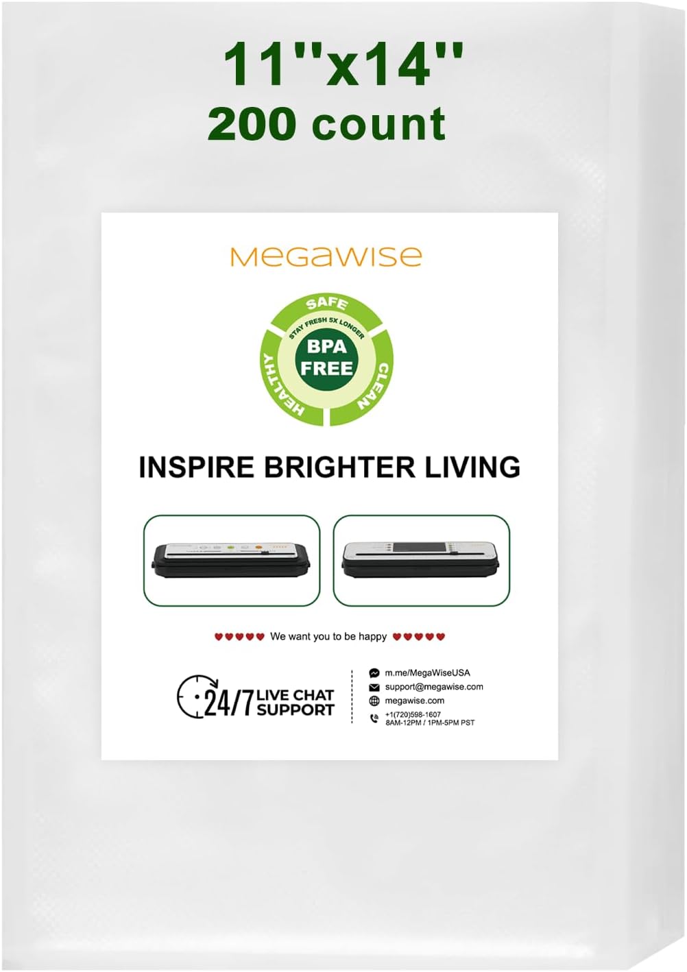 MEGAWISE Vacuum Sealer Bags - 11" x 14", 200 Count, BPA-Free, Textured Design for Superior Sealing