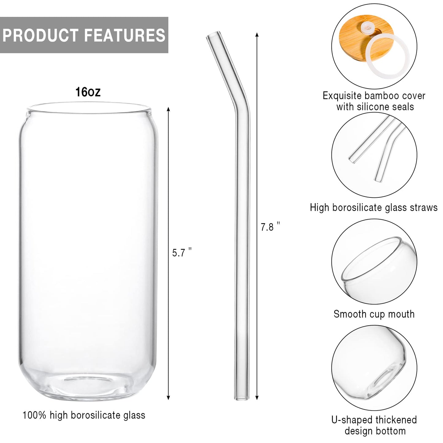 Kxuhivc 1 Pack Glass Cup, 16oz Drinking Glass with Bamboo Lid and Straw, Beer Tumbler for Mojito Soda Smoothies Whiskey Iced Coffee Cocktail Tea Juice
