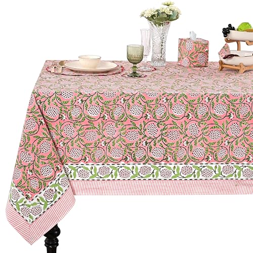 Ridhi Pink Strawberry Hand Block Print Rectangular Tablecloth 108x60 Inches