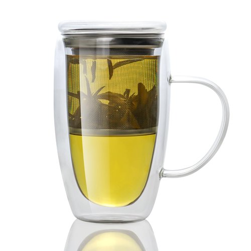 Almagic Double Wall Glass Tea Mug with Infuser and Lid, 14 oz / 400 ml Borosilicate Glass Tea Cup with 304 Stainless Steel Fine Mesh Infuser, Durable Insulated Tea Cup, Gift for Tea Lovers
