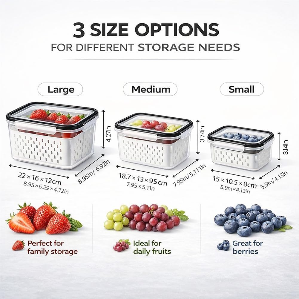 Skiennix 4-in-1 Food Storage Container - Versatile Fruit Storage with Removable Colanders | Gray, Small & Medium