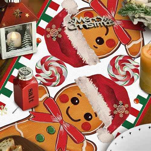 Gingerbread Candy Cane Christmas Table Runner, Christmas Runner for Table, Seasonal Winter Kitchen Dining Table Decoration for Home Party Decor 13x72 Inch