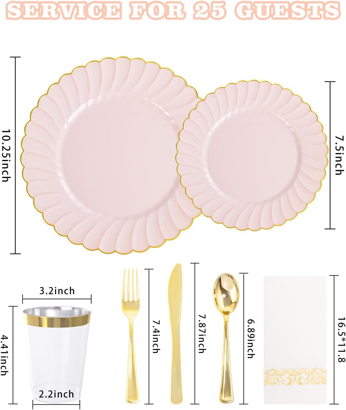 YOUBET 175PCS Pink Scalloped Plastic Plates - Gold Disposable Dinnerware Set Include 50 Plates, 75 Gold Silverware, 25 Cups, 25 Napkins for Party & Wedding & Baby Shower Mothers Day