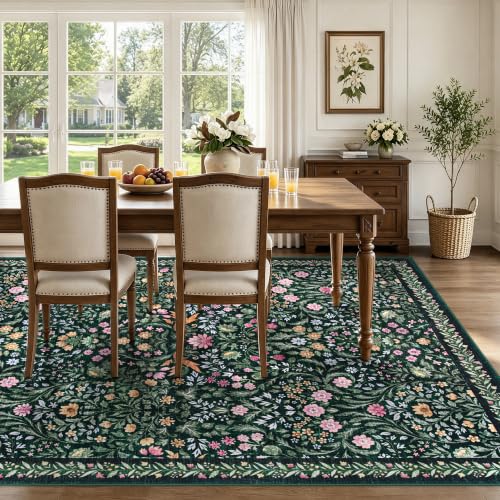 Tosuoka 8x10 Dark Green Washable Boho Floral Area Rug for Farmhouse & Living Room