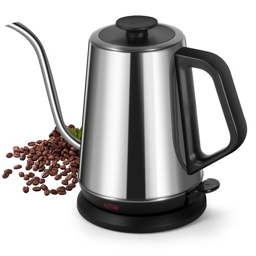 1L Electric Gooseneck Kettle, Tea Kettle for Boiling Water, Gooseneck Electric Kettle for Coffee & Tea, Fast Boiling for Pour Over, Auto Shut-Off, Boil-Dry Protection, 360° Rotational Base - Silver