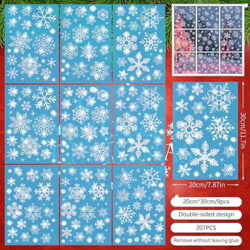 207 PCS Christmas Window Clings, Glitter Snowflake Window Clings, Christmas Window Stickers for Glass Windows, Double Sided Reusable Static Winter Clings for Christmas Window Decorations(9 Sheets)