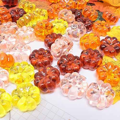 yueton 48PCS Acrylic Fall Decorations Acrylic Pumpkin Ornaments Plastic Pumpkin Beads Without Holes for Thanksgiving Halloween Fall-Themed Party Harvest Festival Autumn Table Scatter Fall Vase Filler