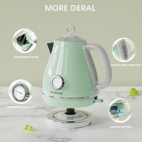 Evoloop Electric Tea Kettle - 1500W Retro Hot Water Boiler with Thermometer & Auto Shut-Off | 1.7L Stainless Steel