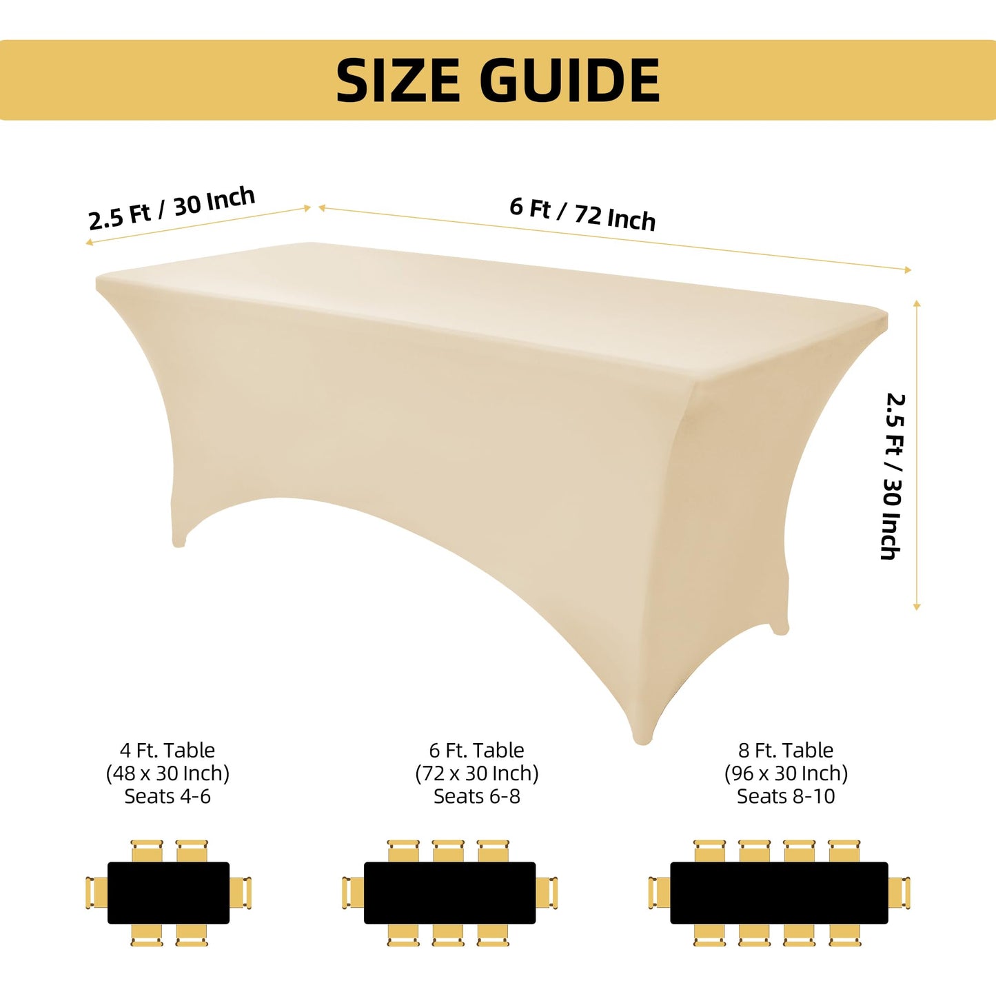 ZarzaaSik 6-Pack 6ft Spandex Table Covers for Rectangle Standard Folding Tables - Wrinkle Resistant Stretch Tablecloths - Ultimate Fitted Table Protector for Parties, Trade Shows, Wedding