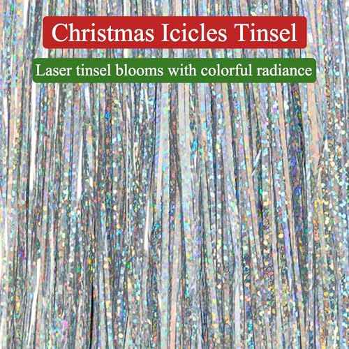 2500 Strands Christmas Tinsel Icicles Silver Iridescent Tinsel Foil Fringe Icicles Christmas Tree Tinsel Decoration for Christmas Birthday Wedding Party Hanging Decoration