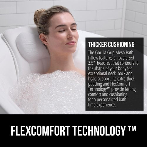 GORILLA GRIP Bath Pillow - 4D Mesh FlexComfort Headrest with 6 Suction Cups | Luxury Machine Washable, White