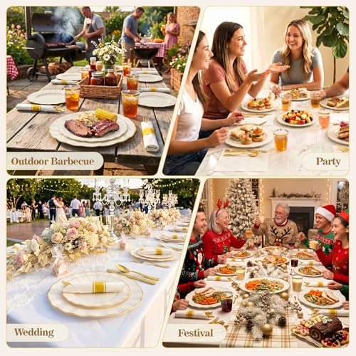 Ivory White Scalloped Plastic Dinnerware Set for 25 Guests - 175 pcs