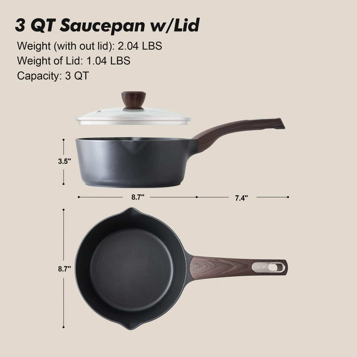 SENSARTE Nonstick Sauce Pan with Lid, 3.0 Quart Saucepan with Double Spout, Multipurpose Large Cooking Pot, Non toxic Kitchen Sauce Pot, Non stick Saucier Pan, Induction Comptable, PFOA Free