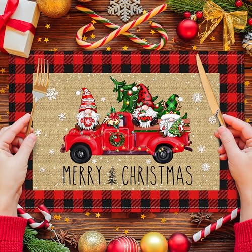 Christmas Truck Placemats Set of 6, Holiday Linen Table Mats for Dining, 12x18 inch