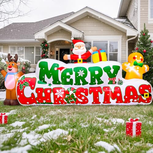 10FT Christmas Inflatable Yard Decoration with Santa, Gingerbread & Reindeer - Built-in LED Lights (Banner Variation)