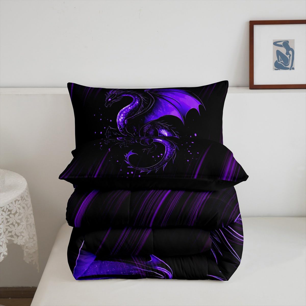 Feelyou Kids Purple Black Ombre Comforter Set Queen Size, Dragon Bedding Set Chinese Dragon Comforter for Kids Boys Girls Animal Duvet Insert Room Decor Bed Set 3Pcs
