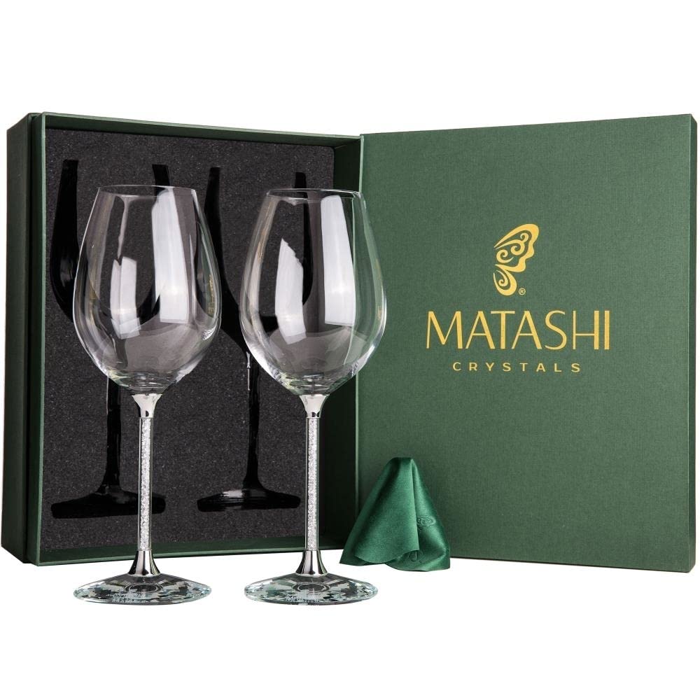 Matashi Crystal Wine Glasses Set of 2 (18.5 oz) - Clear Crystal Filled Stem, Luxury Decorative Wine Glass Gift Set for Wedding, Anniversary, Elegant Red & White Wine Glasses
