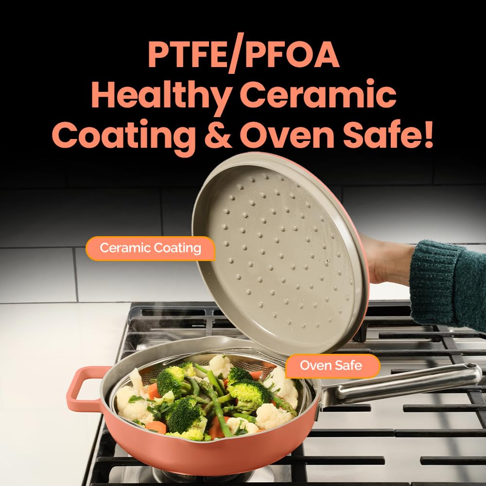 Nutricook 10.5” Ceramic Nonstick Pan with Lid, Steamer & Spatula | Oven Safe, Induction Compatible | 10-in-1 Multi-Function Cookware for Saute, Frying, Searing, Steaming & Baking, Canyon Sunset