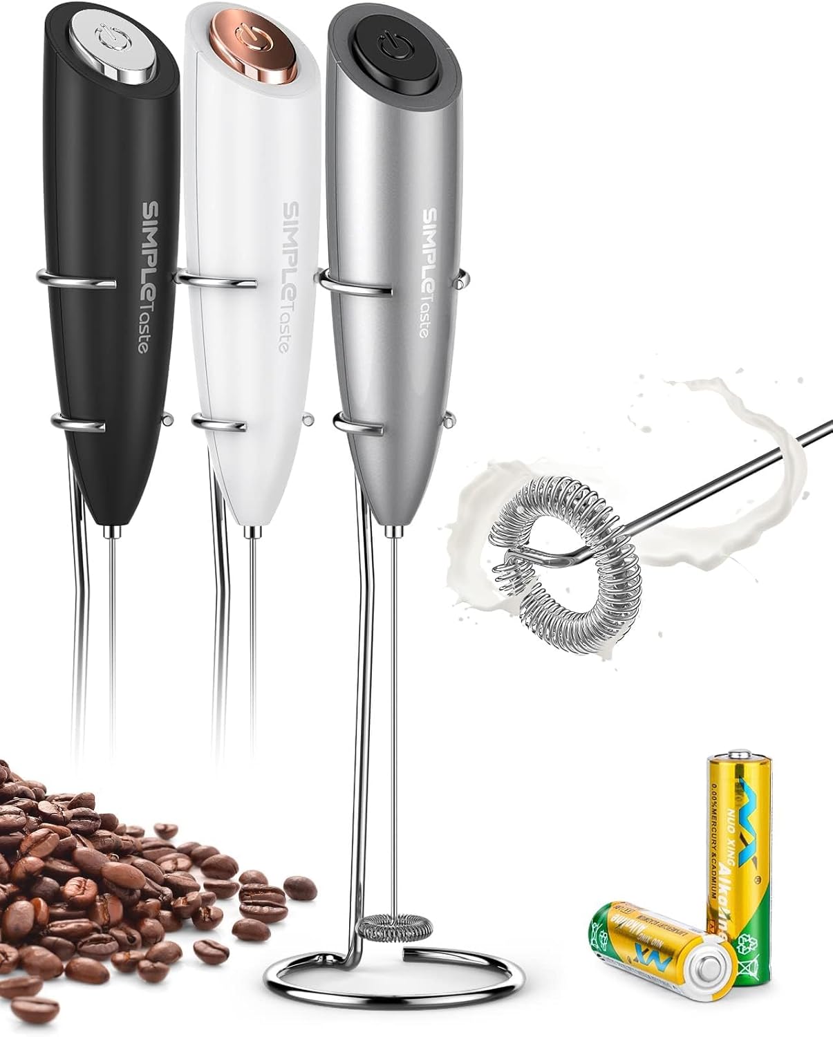 SimpleTaste Handheld Electric Milk Frother - Stainless Steel Whisk for Cappuccino & Latte - Gray with Stand