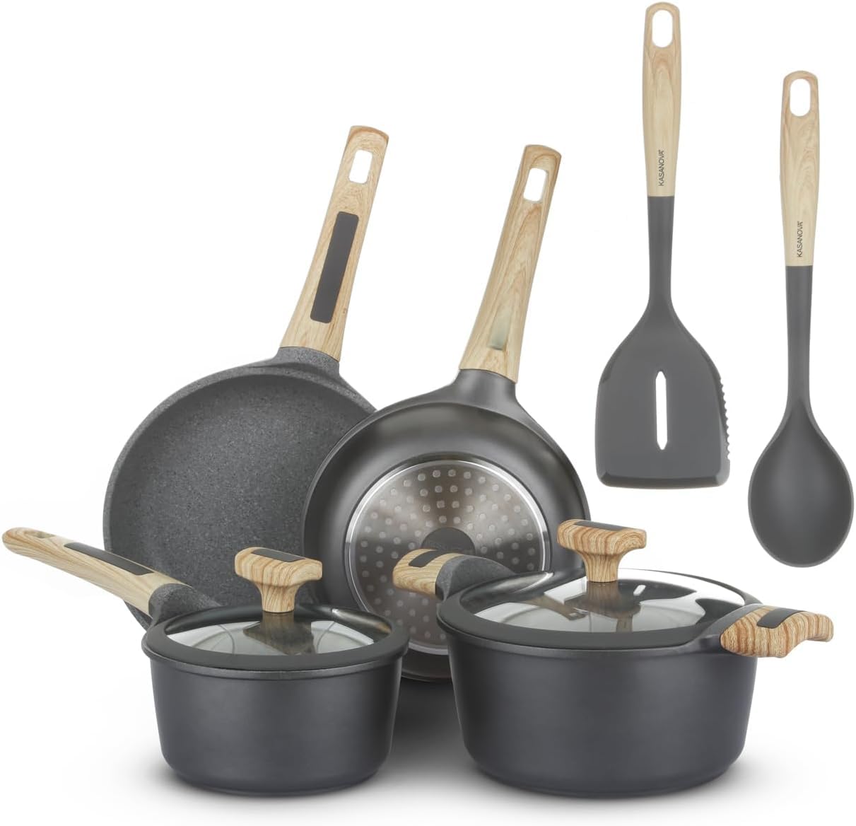 KASANOVA 8-pcs cookware set Nonstick, Induction pots and pans, Aluminum pans for cooking with glass lids and kitchen tools, PFOA-FREE (8 piece)