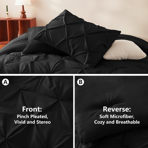 CozyLux Queen Comforter Set - 7-Piece Pintuck Bedding in Black | Premium Queen Size with Sheets & Pillowcases