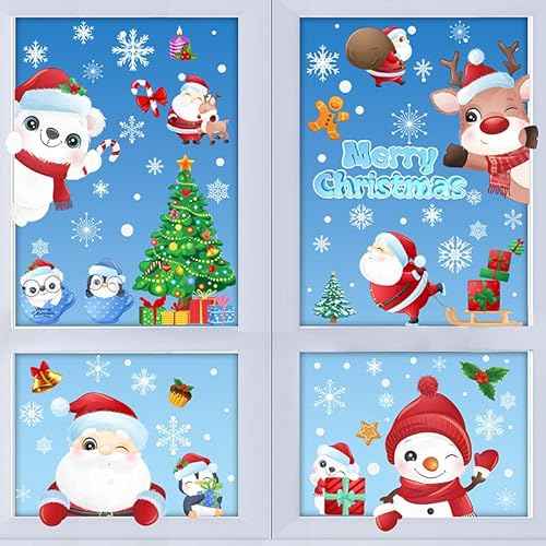192Pcs Christmas Window Clings for Glass Windows, 9 Sheet Christmas Window Stickers Santa Claus Snowman Reindeer for Xmas Holiday Indoor Decals Party Supplies