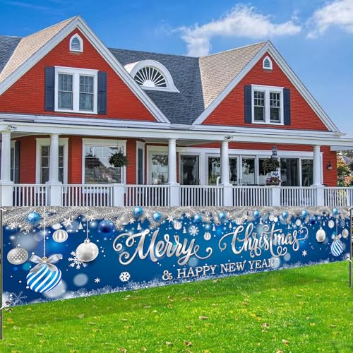 Blue & Silver Merry Christmas Yard Banner 118x24in - Dual Holiday Backdrop