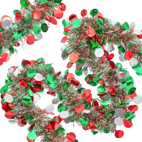 20FT/6M Christmas Tinsel Garland, Red Green Silver Metallic Twist Foil Tinsel Garland Shiny Christmas Hanging Decoration for Xmas Tree Decoration Wedding Party Supplies