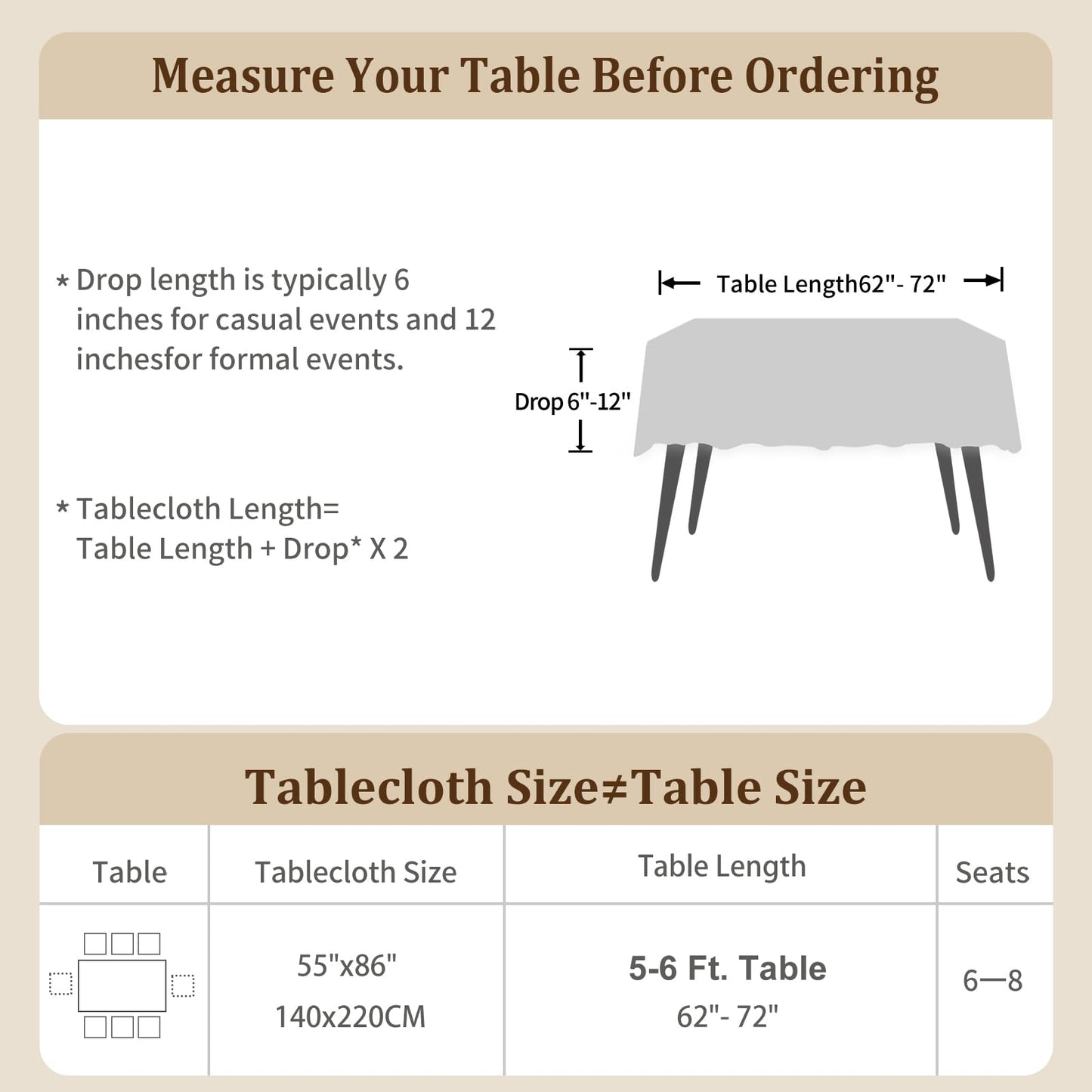 Laolitou Rustic Cotton Linen Table Cloth,Tablecloths for 6 Foot Rectangle Tables,Waterproof Washable Tablecloth with Tassel Rectangle/Oblong, 55''x 86'', 6-8 Seats