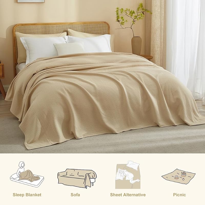 AMWAN Cozy Khaki Queen Blanket 90x90 in Cotton Blend Jersey Knit Quilted Grid