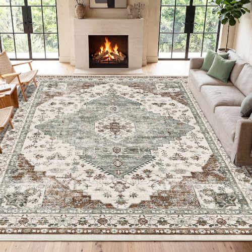 Washable Area Rug for Living Room - 8x10 Large Boho Floral Carpet, Green/Brown
