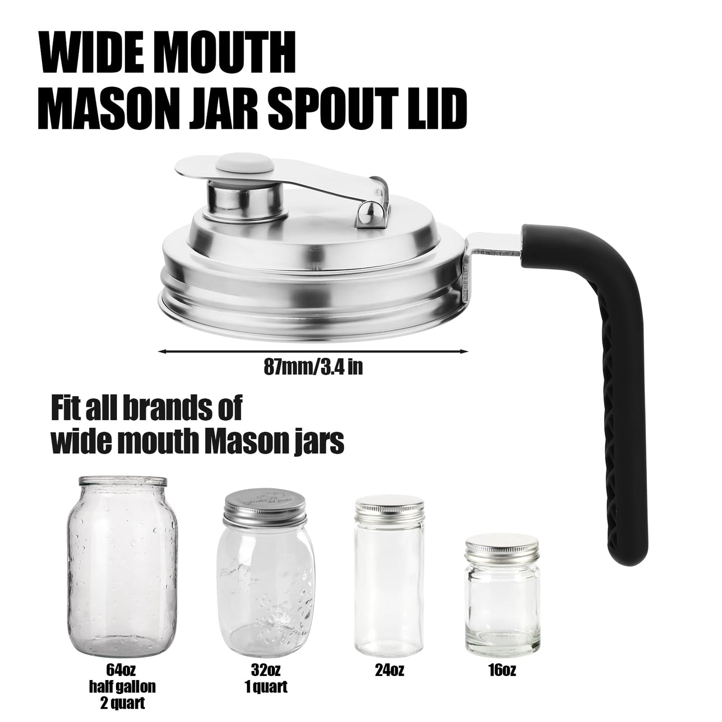 Stainless Steel Pour Spout Lids - Wide Mouth Mason Jar Lids with Handle - 2 Pcs