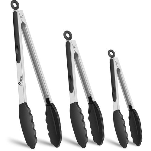 HOTEC Premium Stainless Steel Locking Kitchen Tongs with Silicon Tips, Heat Resistant Cooking Tongs Set of 3-7", 9" and 12" (Black)