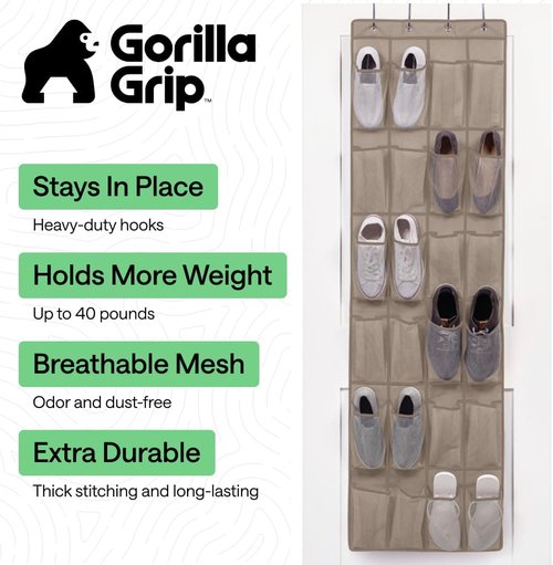 GORILLA GRIP Over The Door Shoe Organizer - 24 Large Breathable Mesh Pockets | Space-Saving Beige Storage Solution