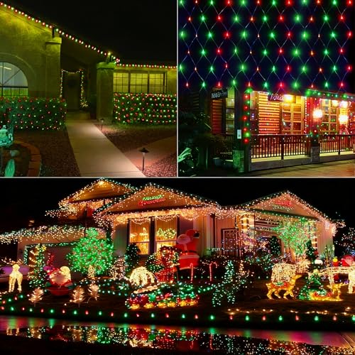 LYHOPE 12ft x 5ft 360 LED Christmas Net Lights - Red & Green, 8 Modes, 30V Low Voltage, IP44 Waterproof
