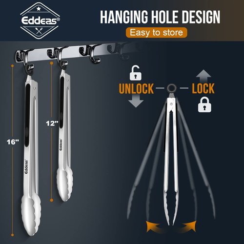 Eddeas Grill Tongs, Bbq tongs - 12" and 17 Inch Extra Long Kitchen Tong, Heat Resistant 600 Degrees Stainless Steel tongs, Metal Locking Tong for Cooking, Grilling, Outdoor Barbecue, Set of 2
