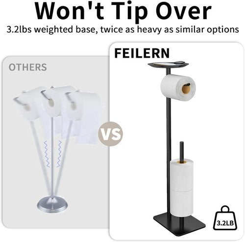 Feilern Toilet Paper Holder Stand - Floor-Standing Dispenser with Top Storage Shelf - Black